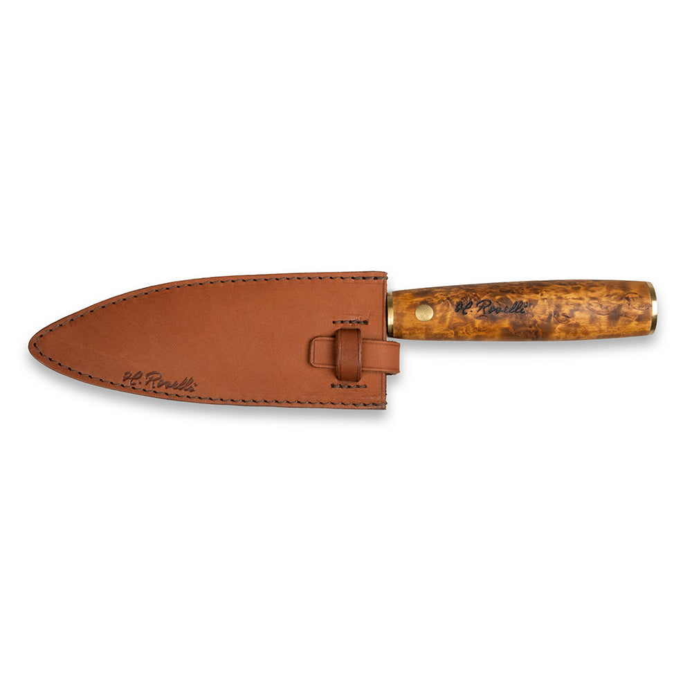 Roselli's Finnish handmade Japanese kitchen knife in model "Santoku knife". Made from carbon steel and curly birch. Comes with a handmade sheath of light vegetable Finnish leather. 